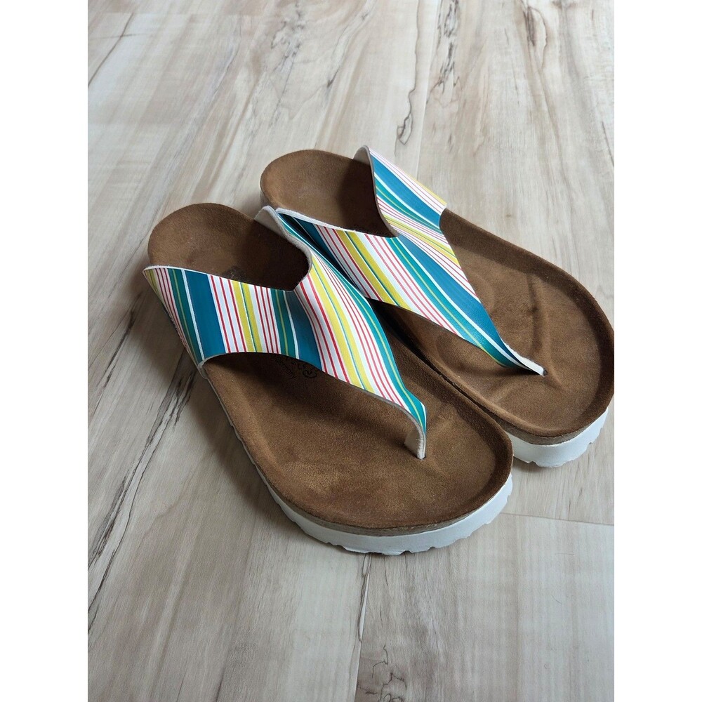 Birki's by Birkenstock Women's White Blue Yellow Red Striped Cork Sandals 9